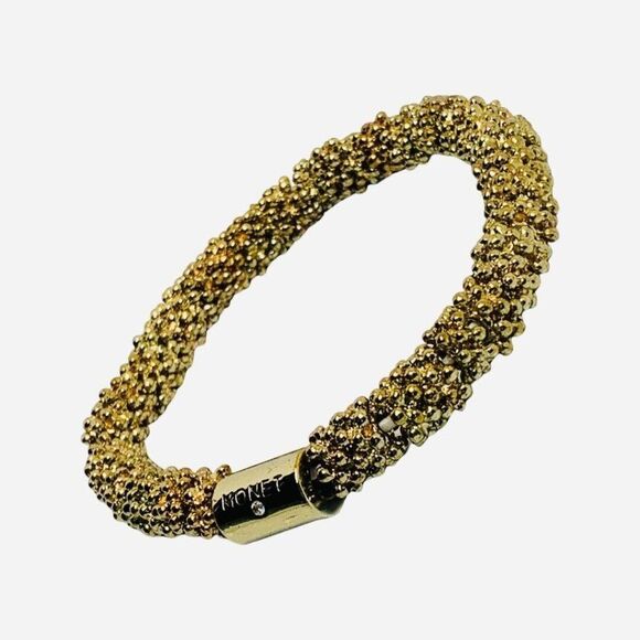 Vintage Monet Gold Tone Tube Beaded Roll On Stretch Bracelet Size 7" - Picture 6 of 6